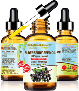 Botanical Beauty bottle front view showing pure elderberry seed oil benefits