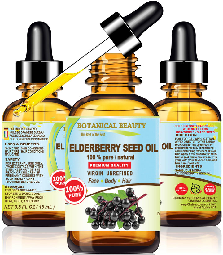 Botanical Beauty front bottle shot highlighting pure elderberry seed oil benefits