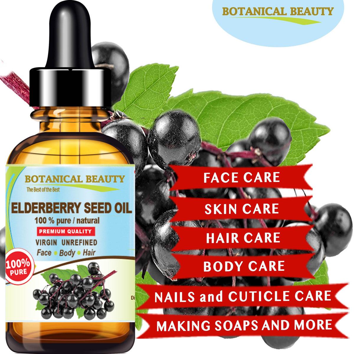 Botanical Beauty label close-up showing 100% unrefined virgin oil details