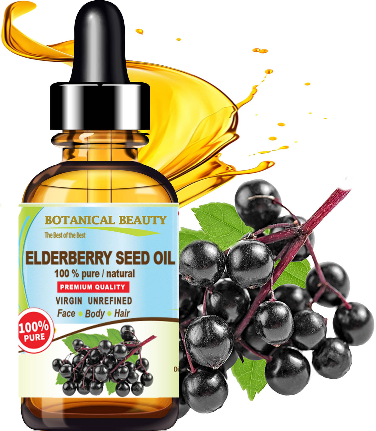 Botanical Beauty oil pouring from dropper highlighting cold-pressed purity