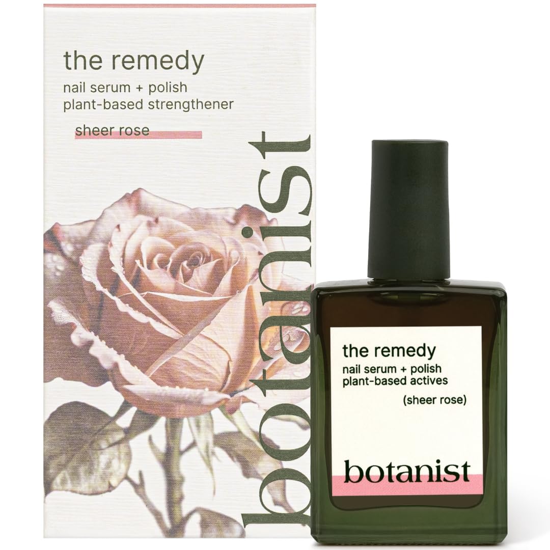 Botanist Nails bottle front view showing rose polish and restorative benefits