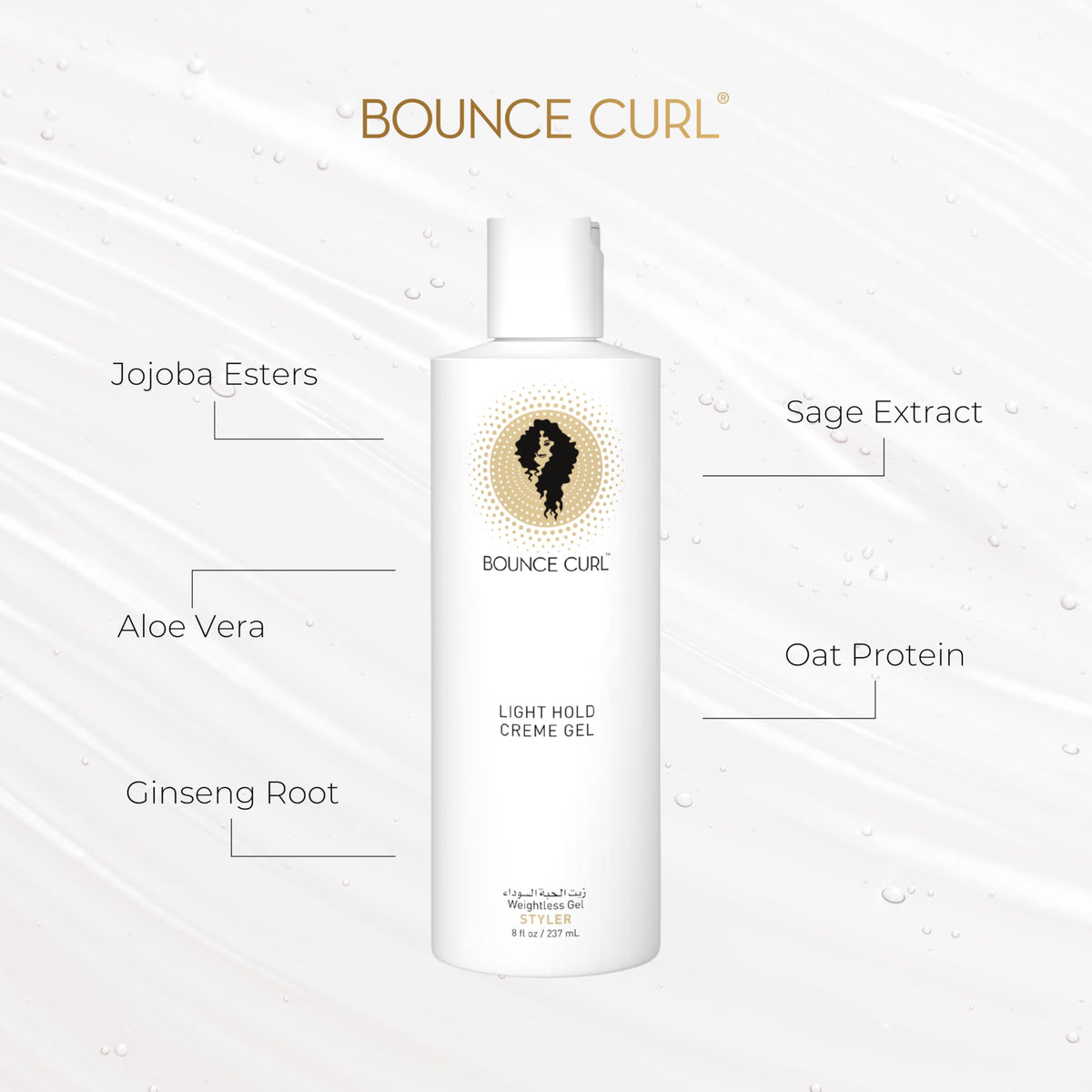 Bounce Curl label close-up highlighting aloe and jojoba formula benefits