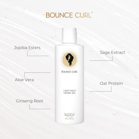 Bounce Curl label close-up highlighting aloe and jojoba formula benefits