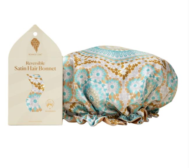 Bounce Curl teal bonnet front view showing reversible pattern and secure band for curl protection