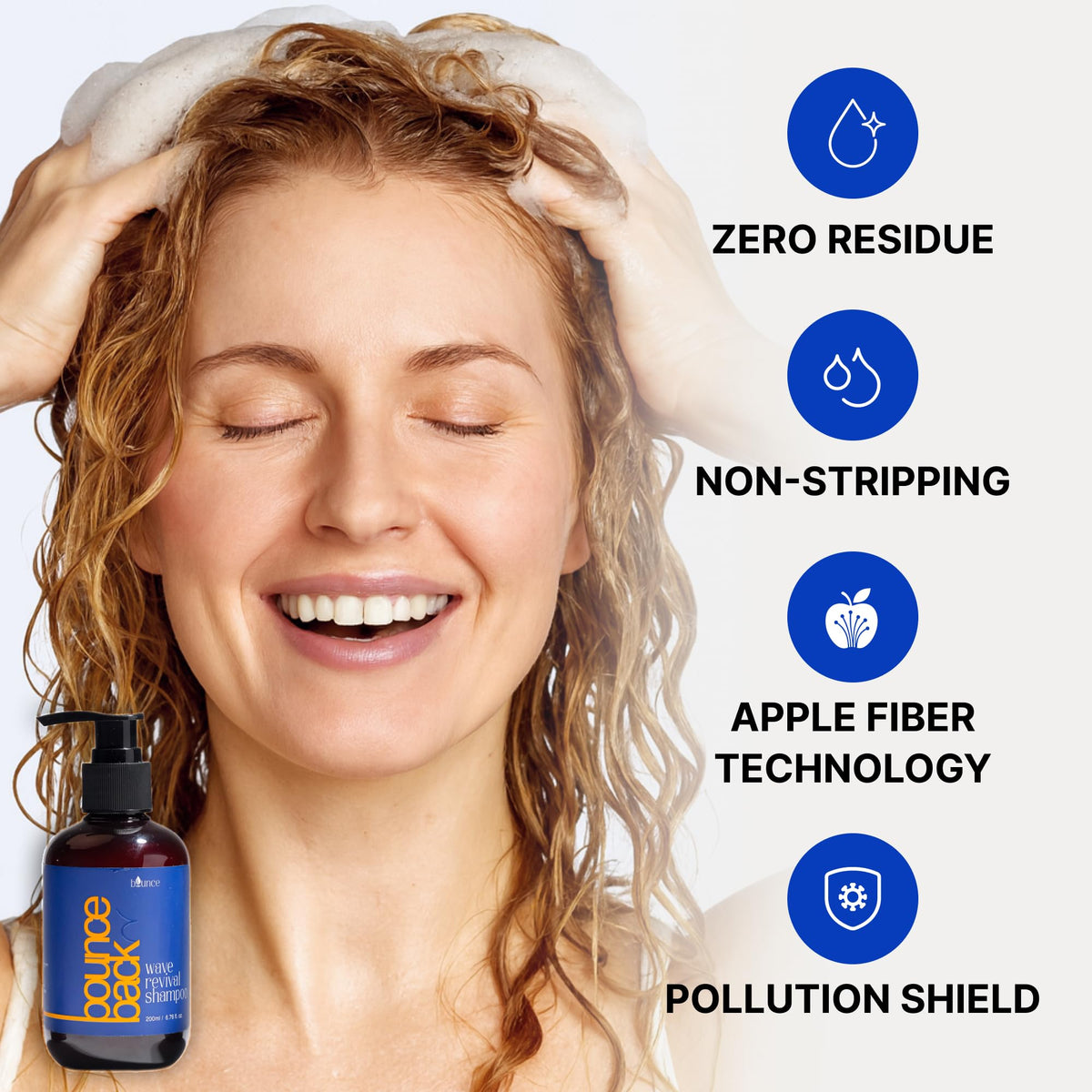 BOUNCE STYLE shampoo texture close-up highlighting lightweight hydrating formula