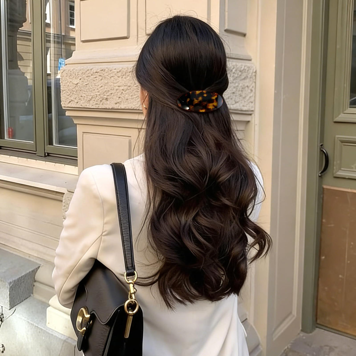 BOUNIQ two barrettes in a styled updo adding vintage accent and secure hold