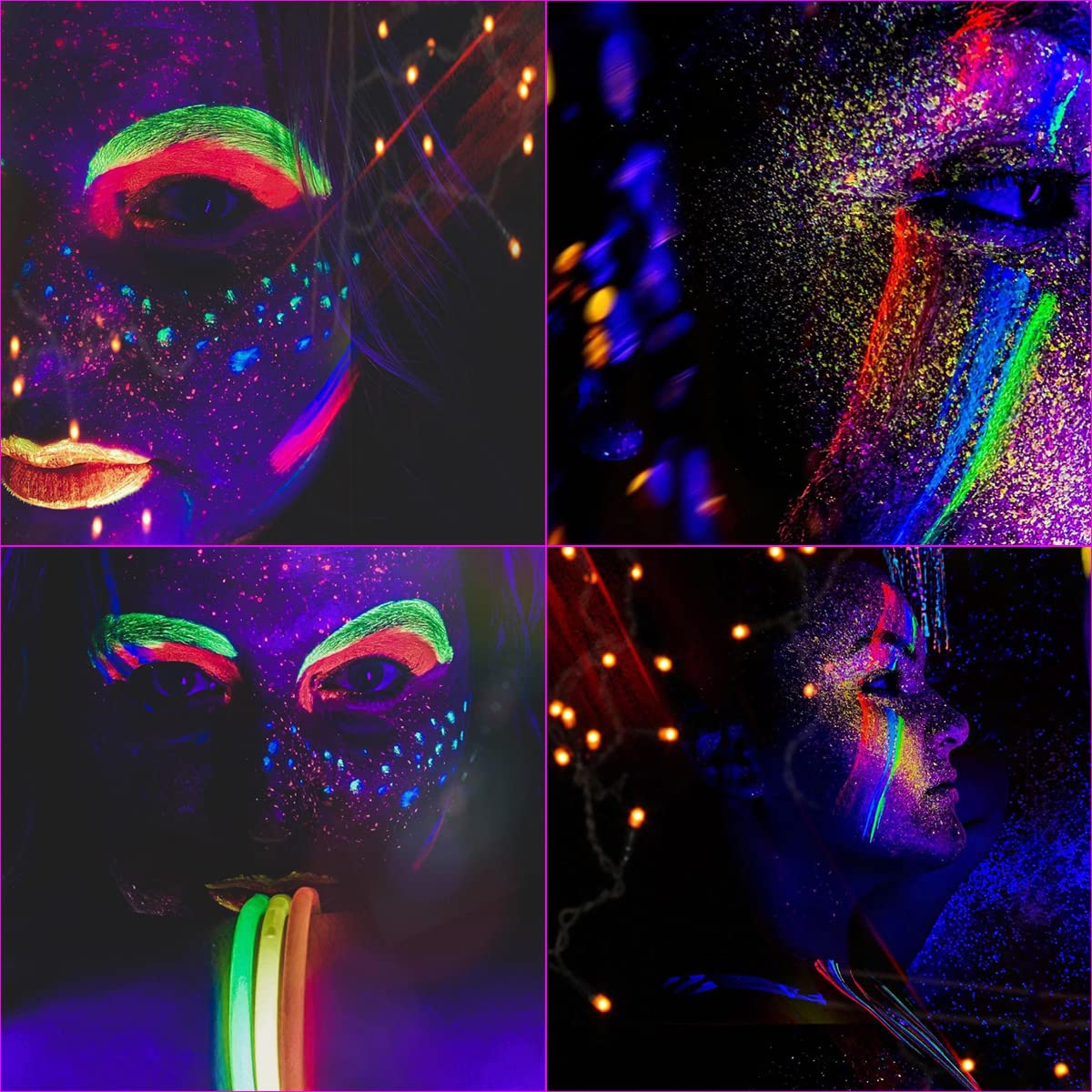 Bowitzki being applied to cheek for detailed neon face art and long-lasting visibility