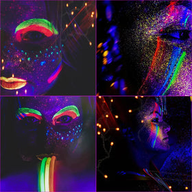 Bowitzki being applied to cheek for detailed neon face art and long-lasting visibility