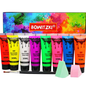 Bowitzki front packaging showing eight neon paint tubes and included tools for vibrant application