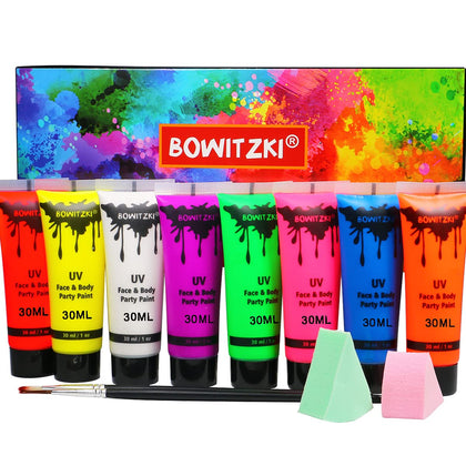 Bowitzki front packaging showing eight neon paint tubes and included tools for vibrant application