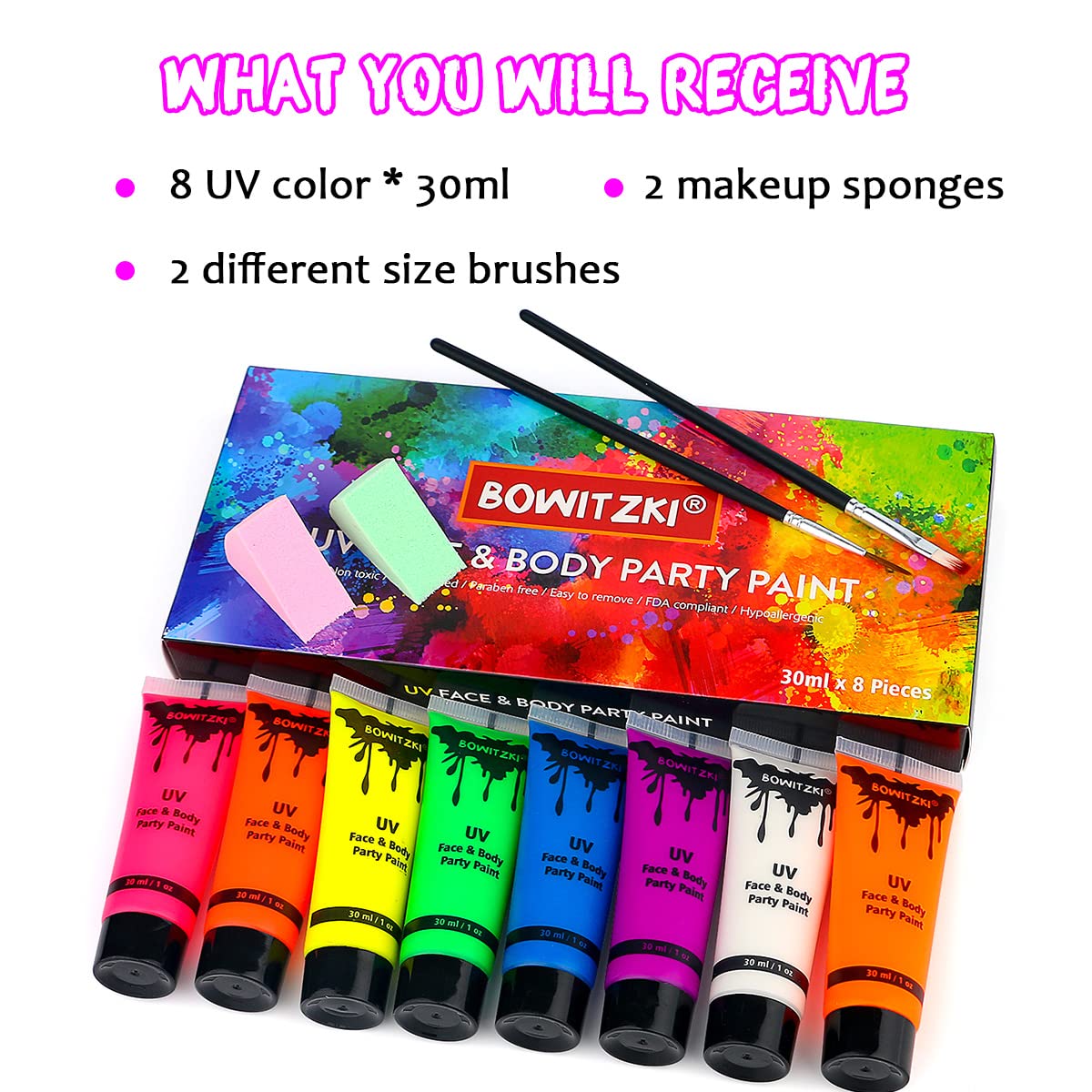 Bowitzki tube held in hand to show 30ml size and generous quantity per color