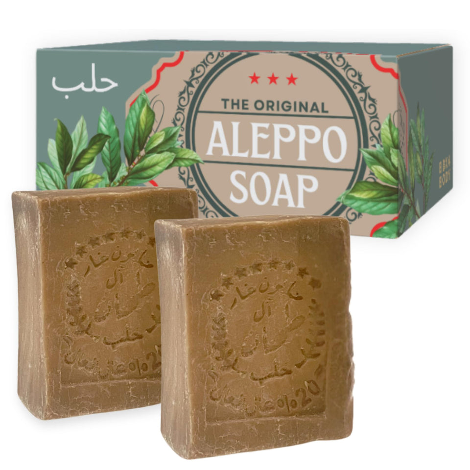 BOX 4 BODY front packaging showing two 7oz Aleppo soap bars and labeling benefits
