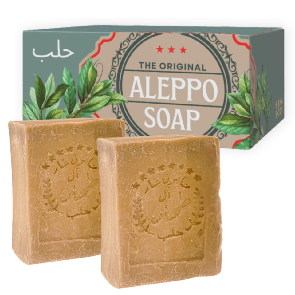 BOX 4 BODY front packaging showing two Aleppo bars and natural branding providing authenticity
