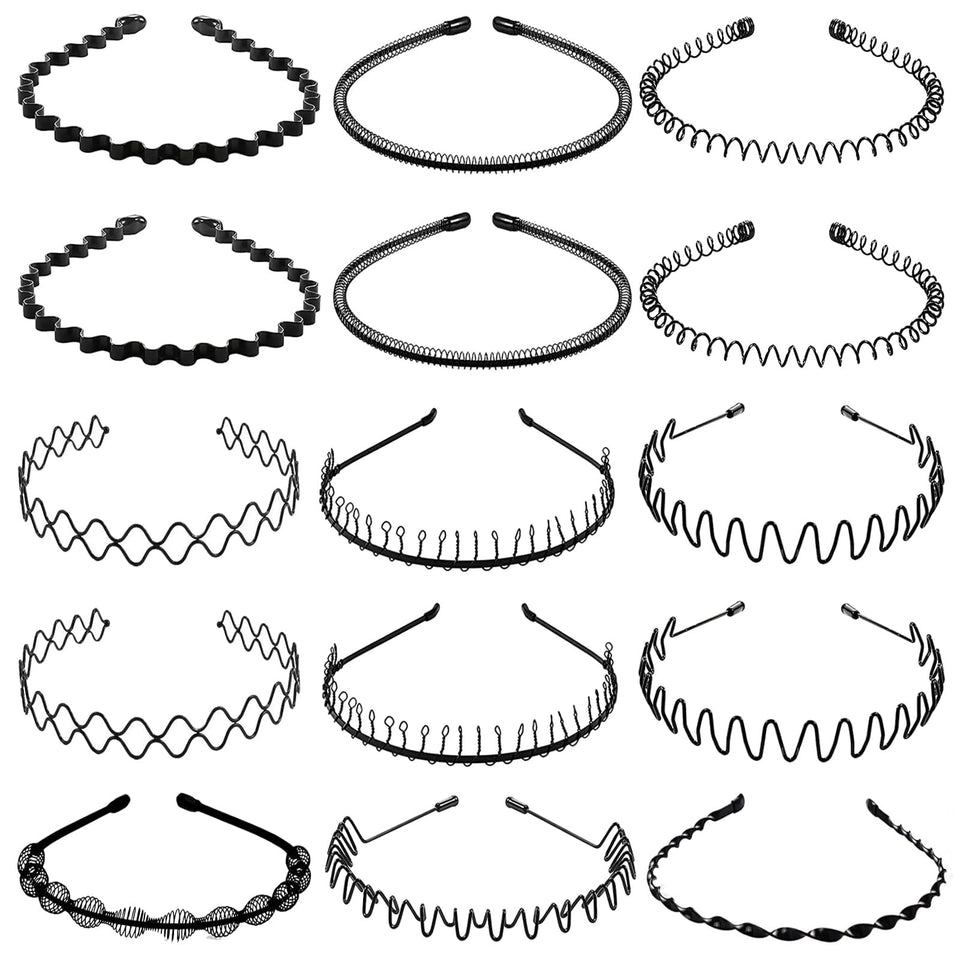 BOYIVI front view of 15 black metal headbands, durable set for everyday styling