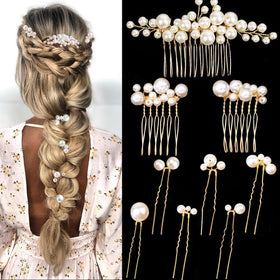 BOYIVI front display of gold pearl combs and pins for elegant bridal styling