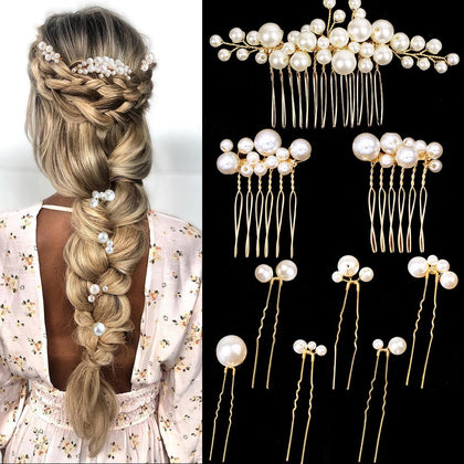 BOYIVI front display of gold pearl combs and pins for elegant bridal styling