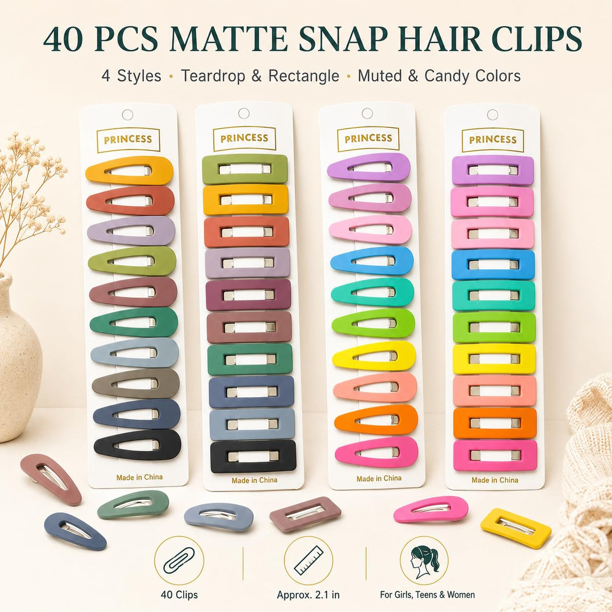 B.PHNE assorted teardrop and rectangle clips displayed to show color and shape variety