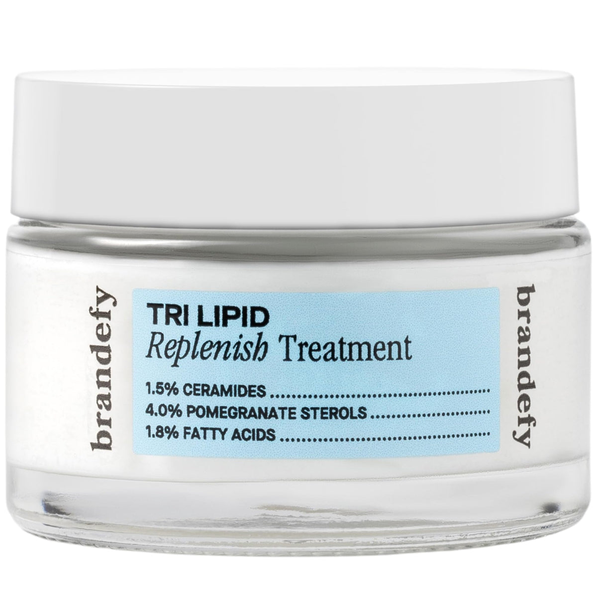 Brandefy front packaging showing tri-lipid ceramide cream and clear benefit