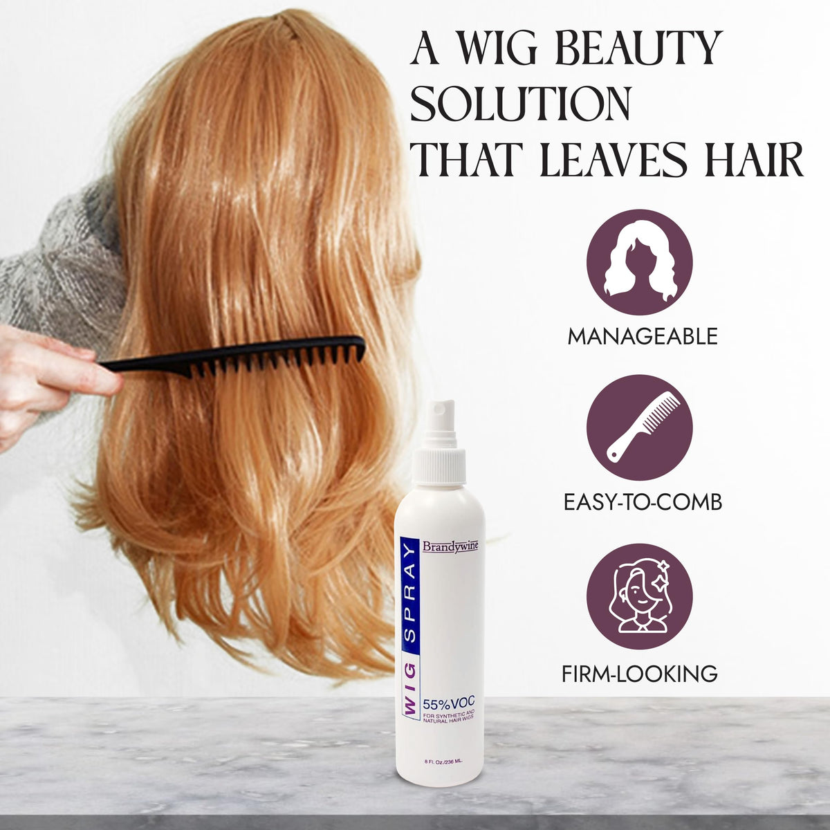Spraying Brandywine on a synthetic wig to reduce frizz and refresh