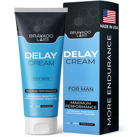 Bravado Labs front packaging showing delay cream and key benefits