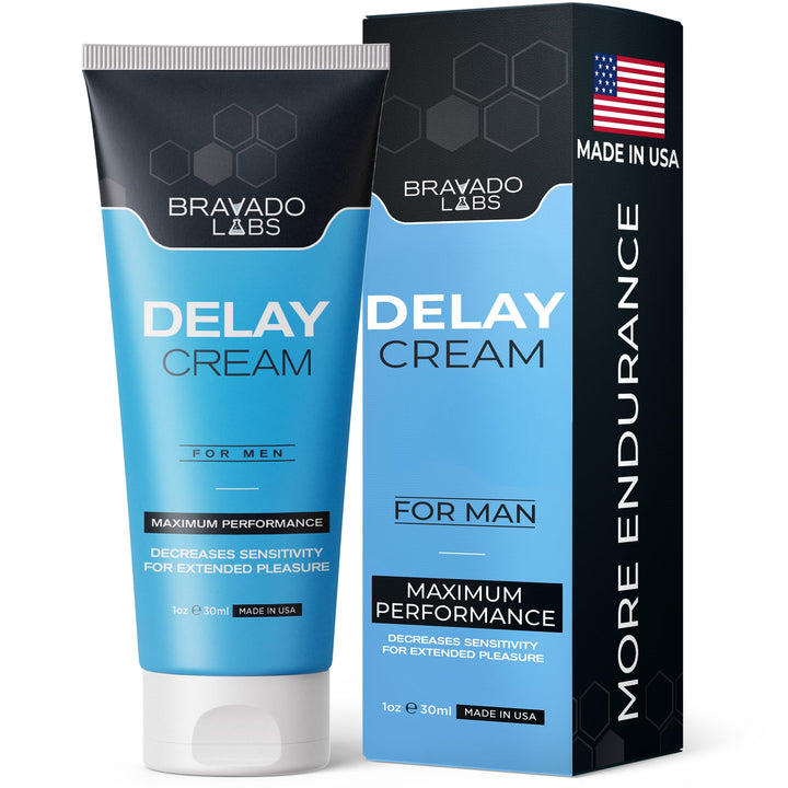 Bravado Labs front packaging showing delay cream and key benefits