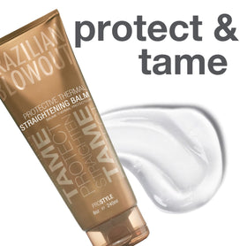 Brazilian Blowout balm applied during blow-dry, demonstrating smoother hair and reduced frizz