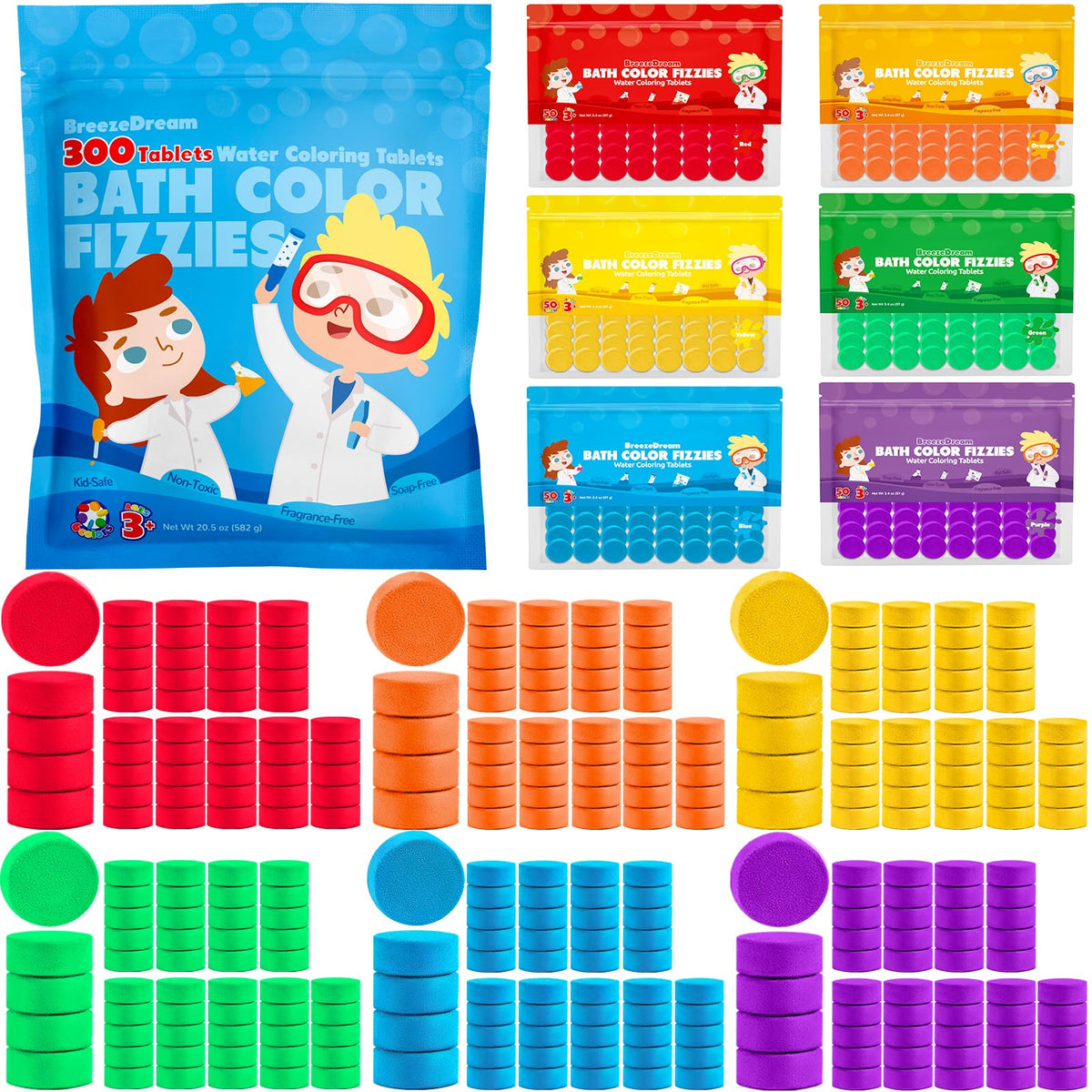 BreezeDream front pouch showing 300 tablets and six color labels, clear organization benefit