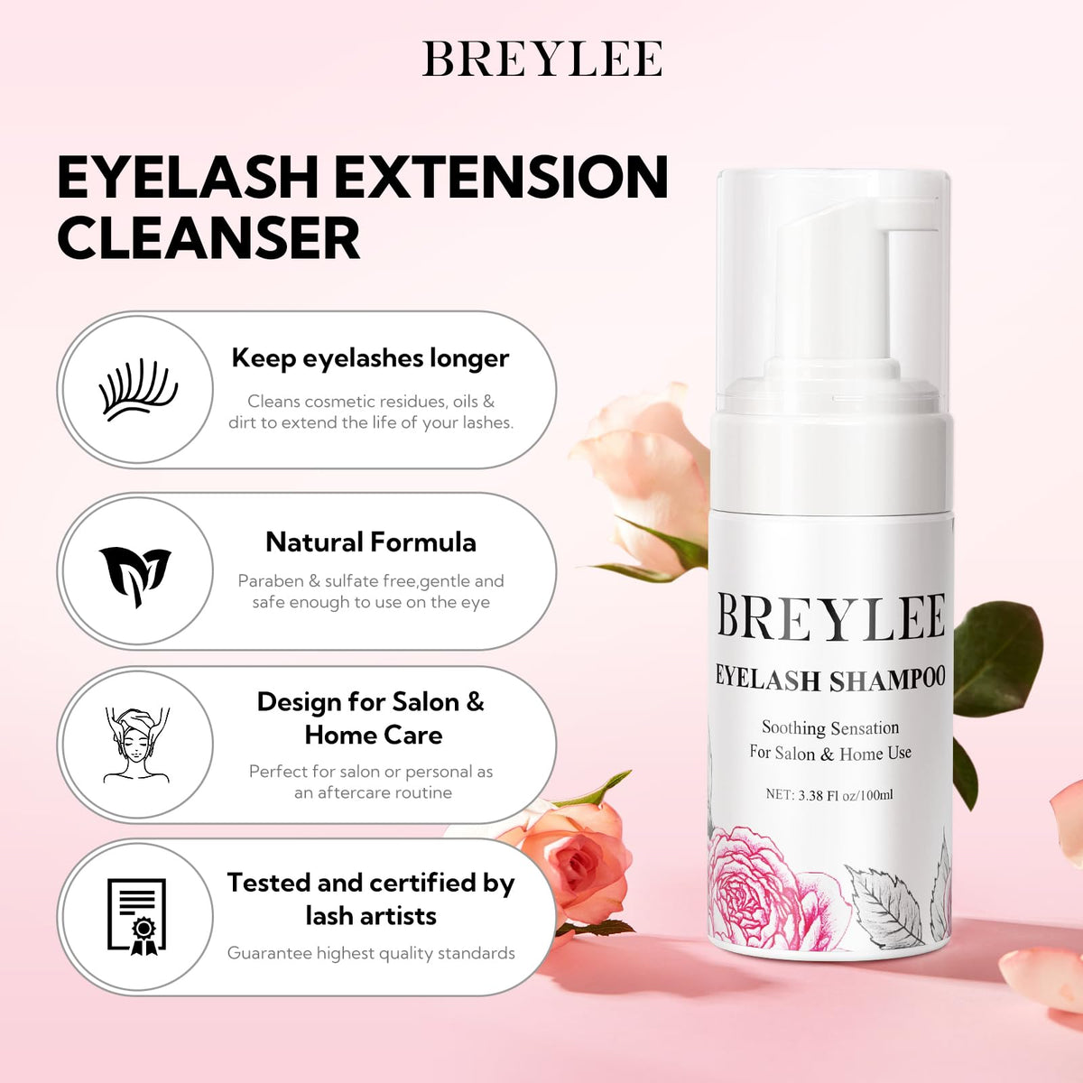 BREYLEE 100ml bottle close-up showing foam label and gentle cleansing benefit