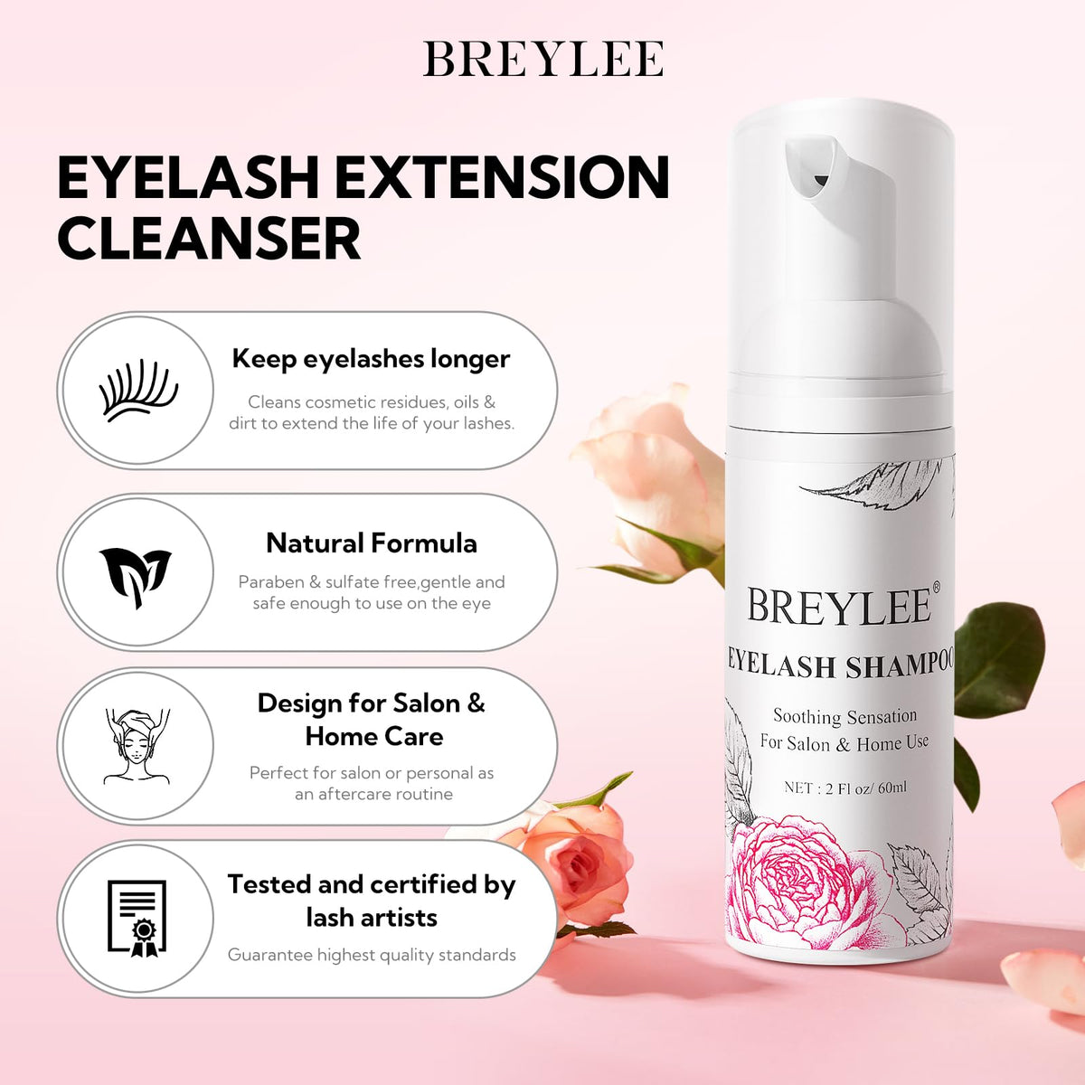 BREYLEE 60ml lash shampoo bottle close-up highlighting gentle formula