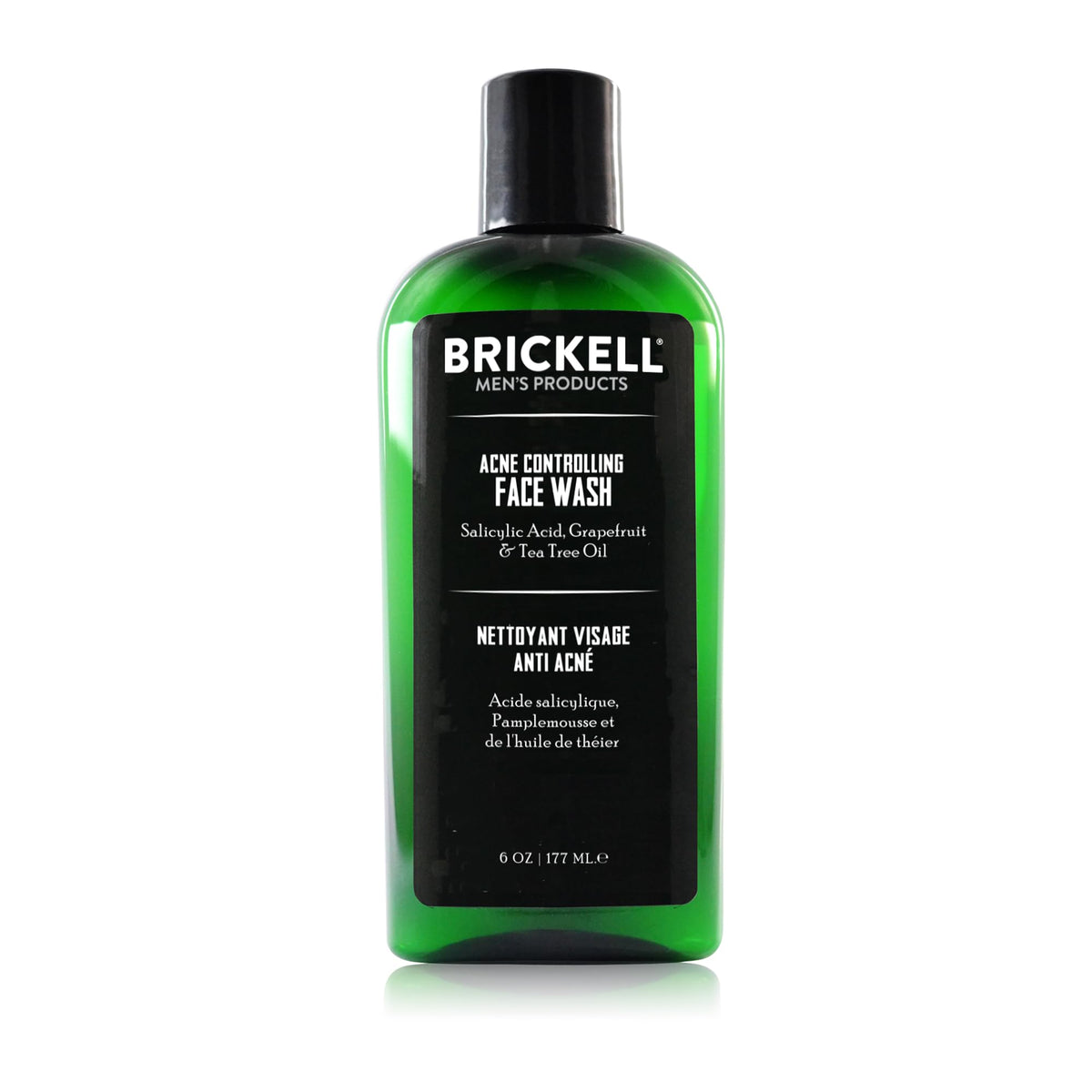 Brickell men's acne face wash front bottle shows clear labeling and benefits