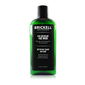 Brickell men's acne face wash front bottle shows clear labeling and benefits