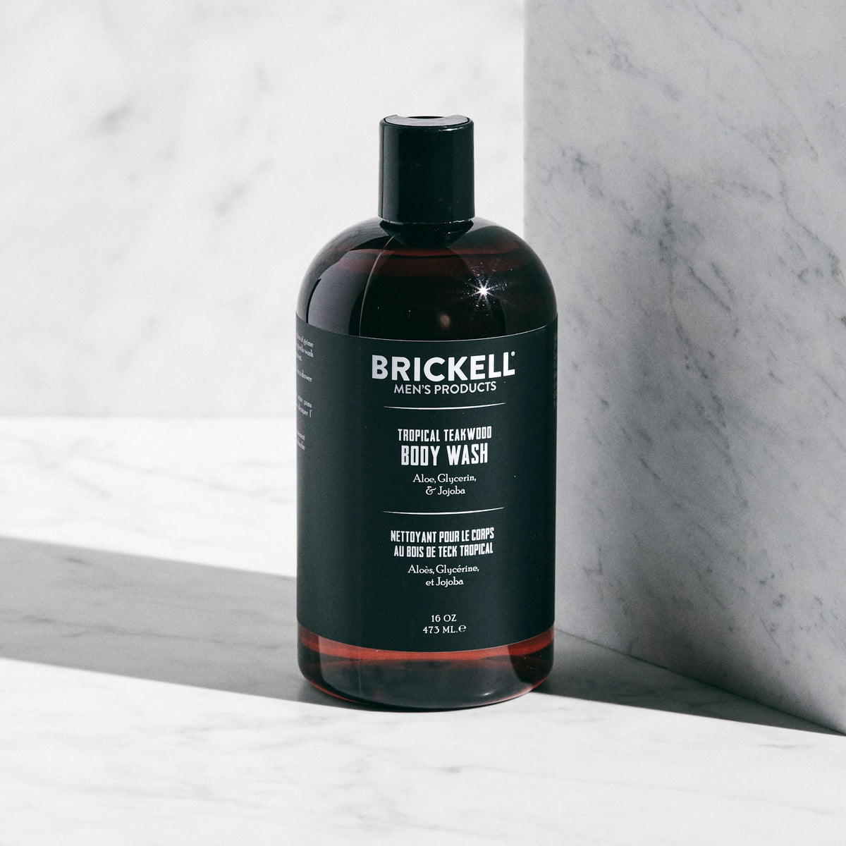 Brickell label closeup highlighting ingredients and premium packaging benefit