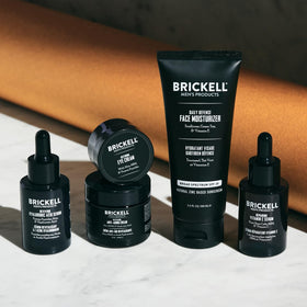 Brickell Men's Products day moisturizer with SPF label visible highlighting daily sun protection benefit