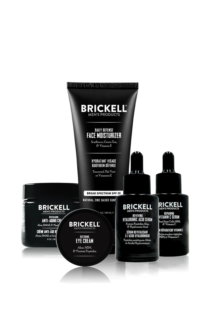Brickell Men's Products complete defense front packaging showing all five unscented items and kit clarity benefit