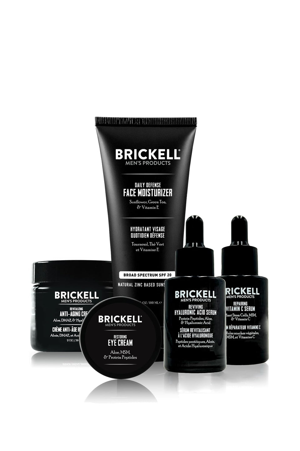 Brickell Men's Products complete defense front packaging showing all five unscented items and kit clarity benefit