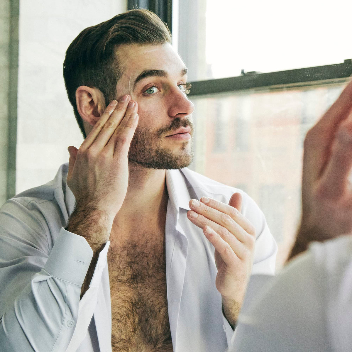 Brickell Men's Products full kit styled on bathroom shelf illustrating an easy everyday skincare routine benefit