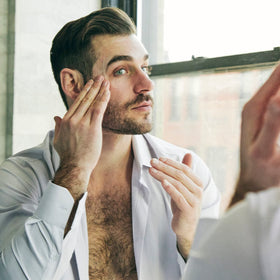 Brickell Men's Products full kit styled on bathroom shelf illustrating an easy everyday skincare routine benefit