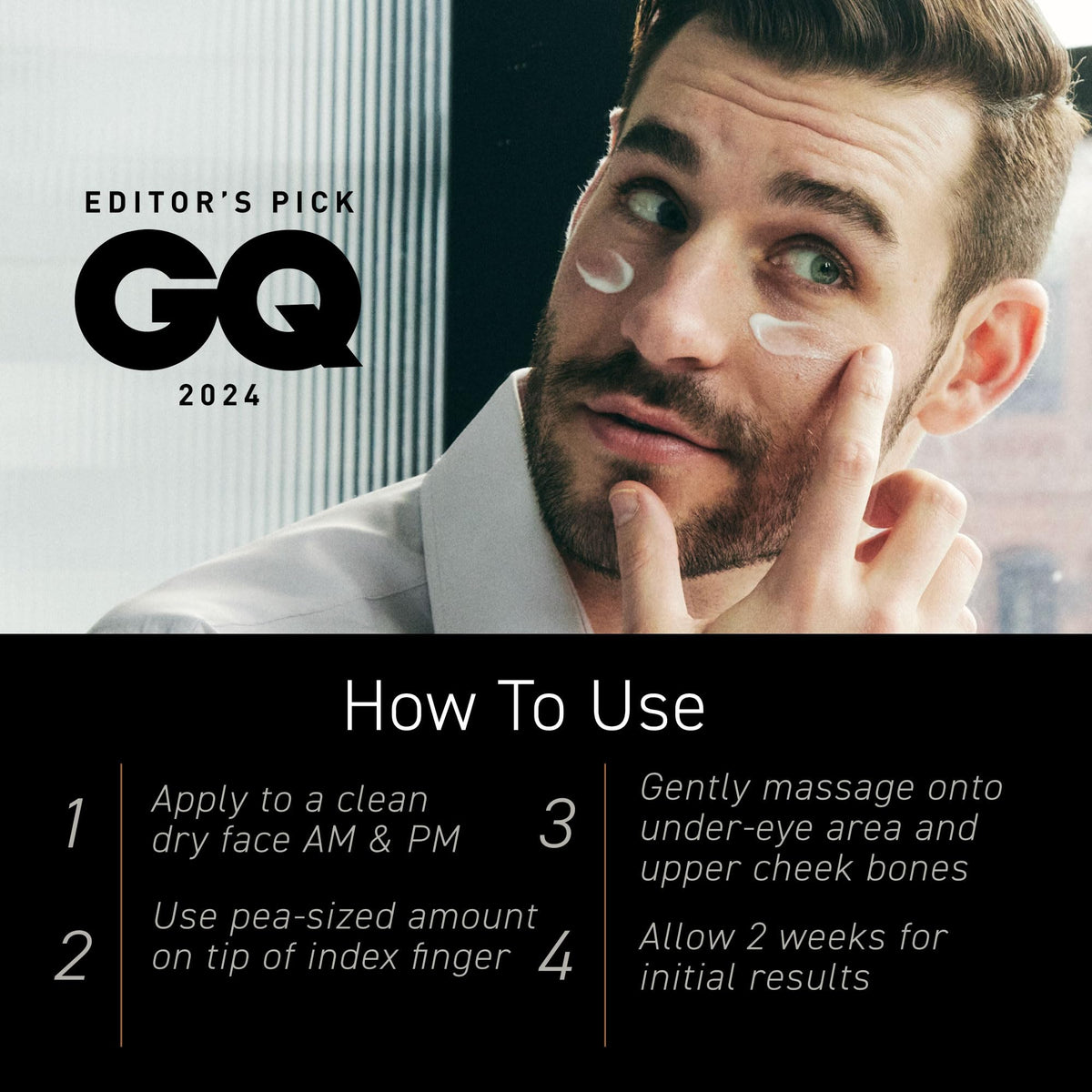 Brickell Men's Products split before-and-after of under-eye area showing visible improvement benefit