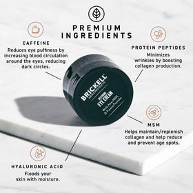 Brickell Men's Products ingredient display featuring caffeine and hyaluronic acid for reduced puffiness