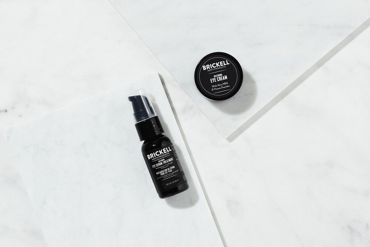Brickell flatlay of key ingredients showing peptides hyaluronic acid and aloe benefits
