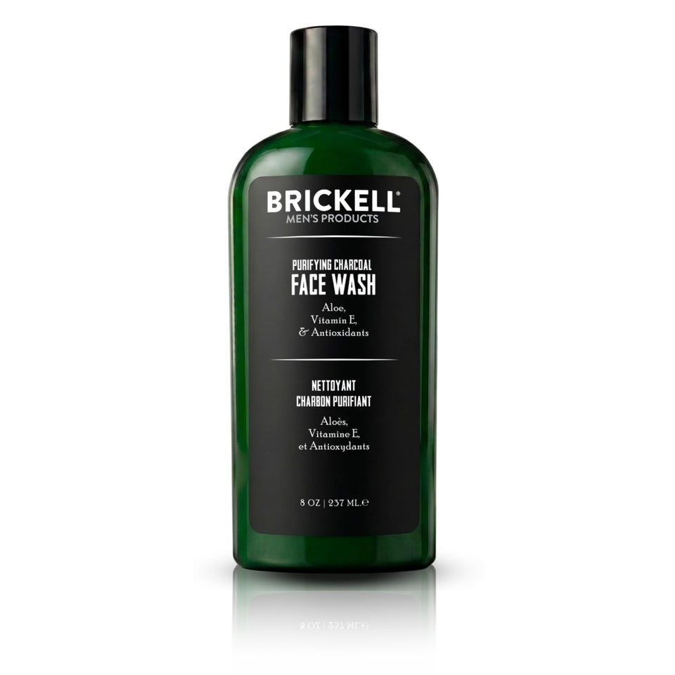 Brickell Men's Products front packaging showing bottle and branding, clear grooming benefit