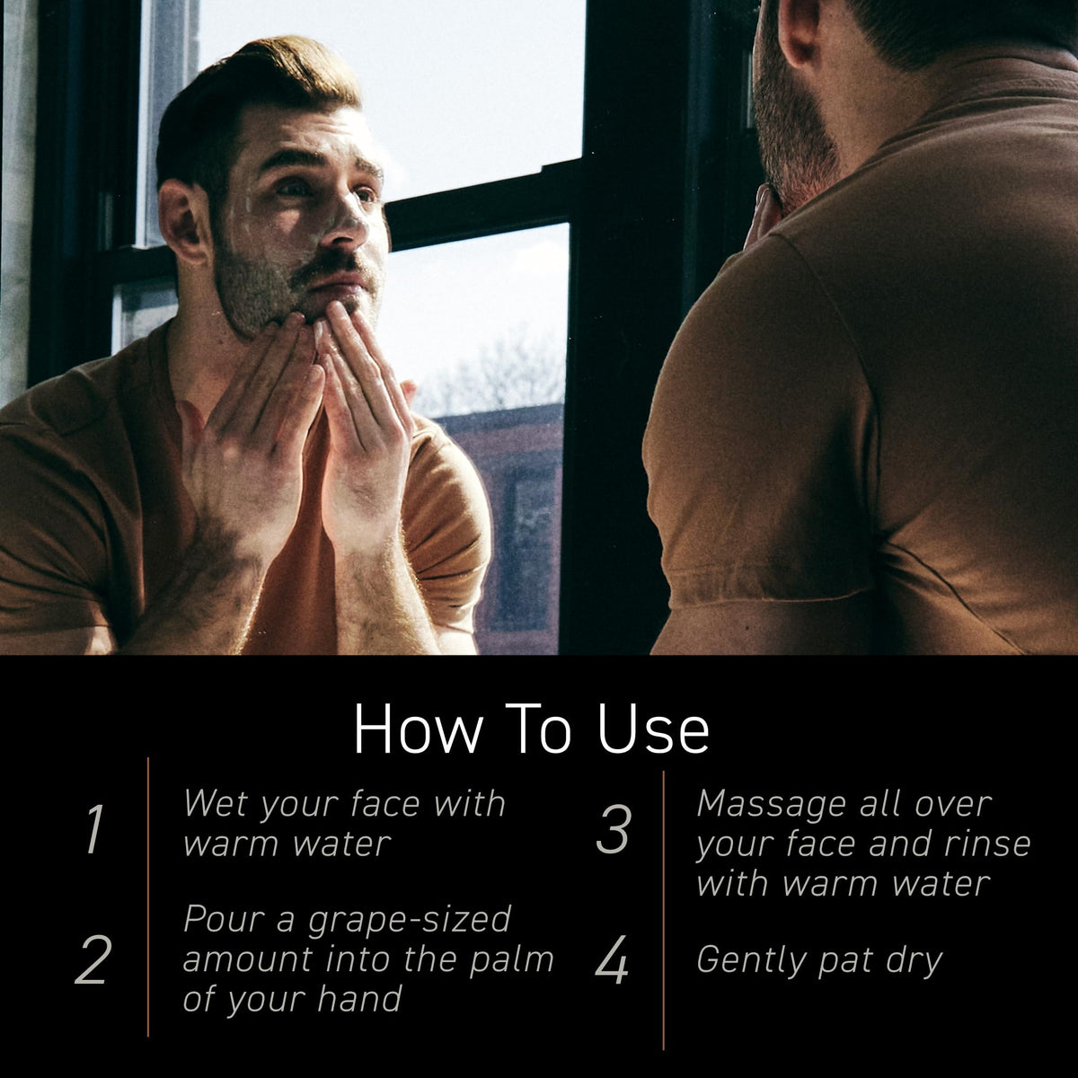 Brickell bottle on bathroom counter staged in a men's morning routine for quick use