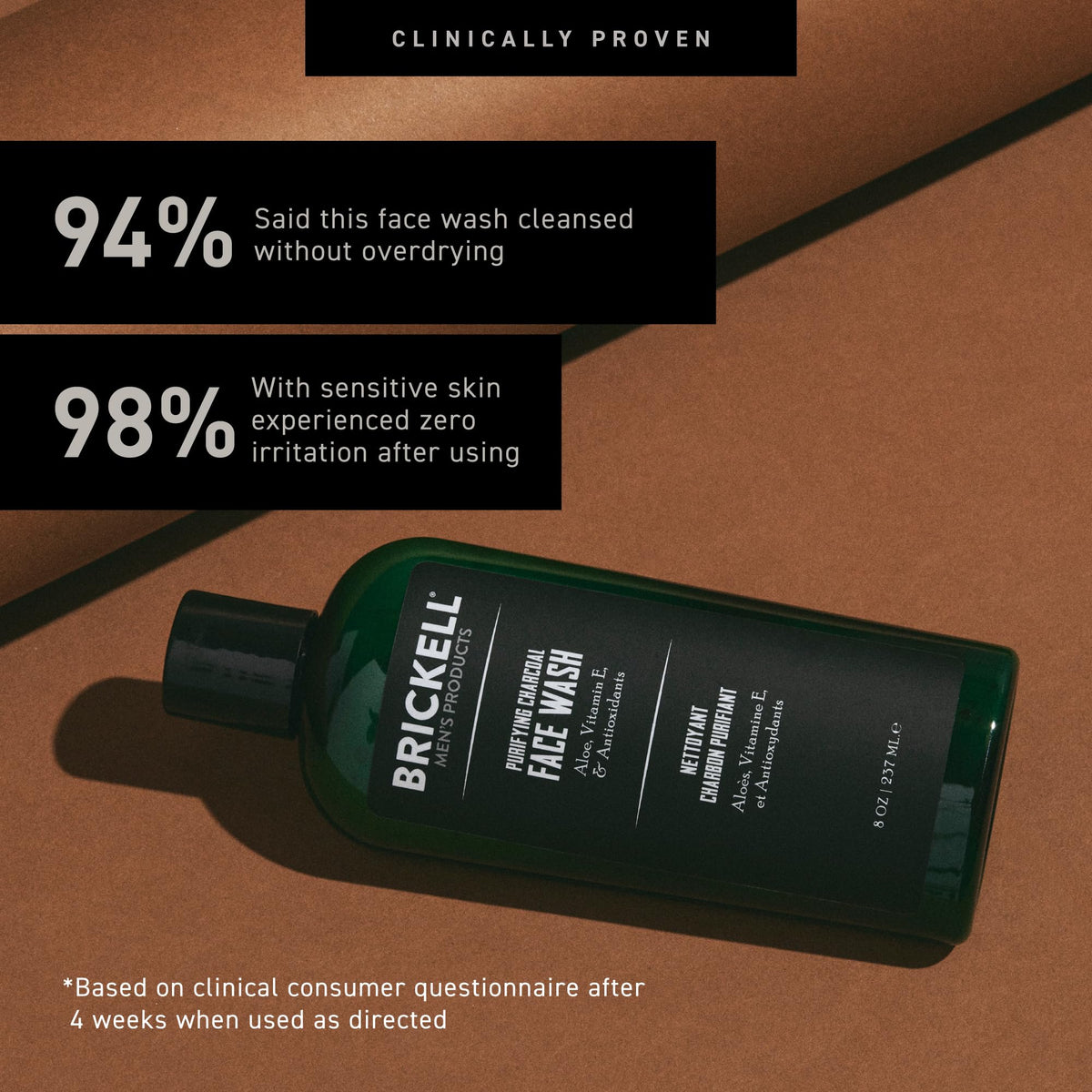 Brickell bottle held in hand showing 8 ounce scale for travel and countertop convenience
