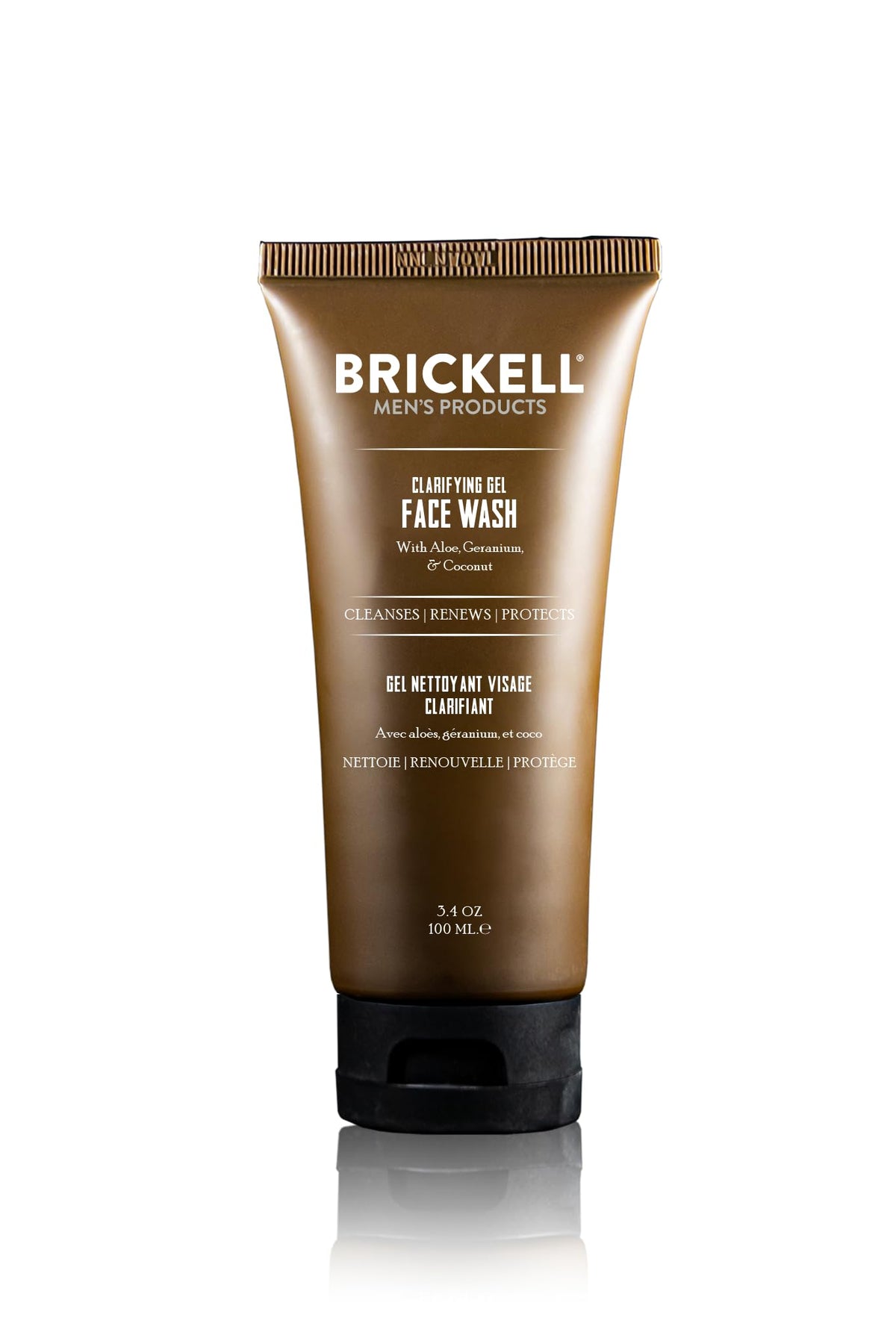 Brickell front tube showing label and compact travel-ready design and clear benefits