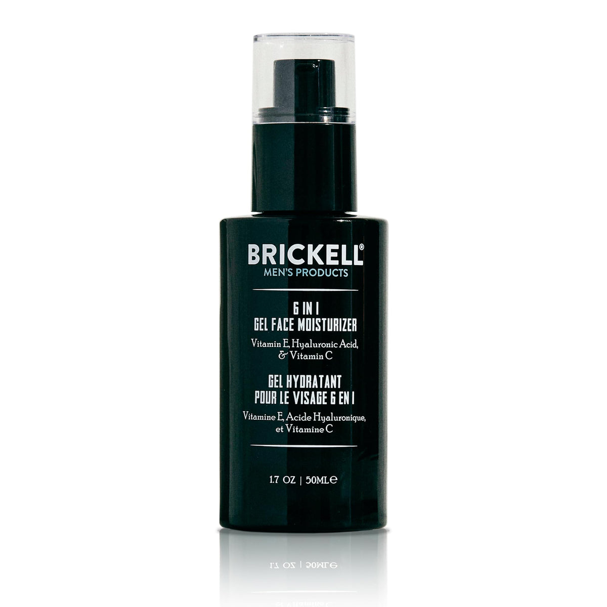Brickell Men’s gel moisturizer front packaging showing compact tube and benefits