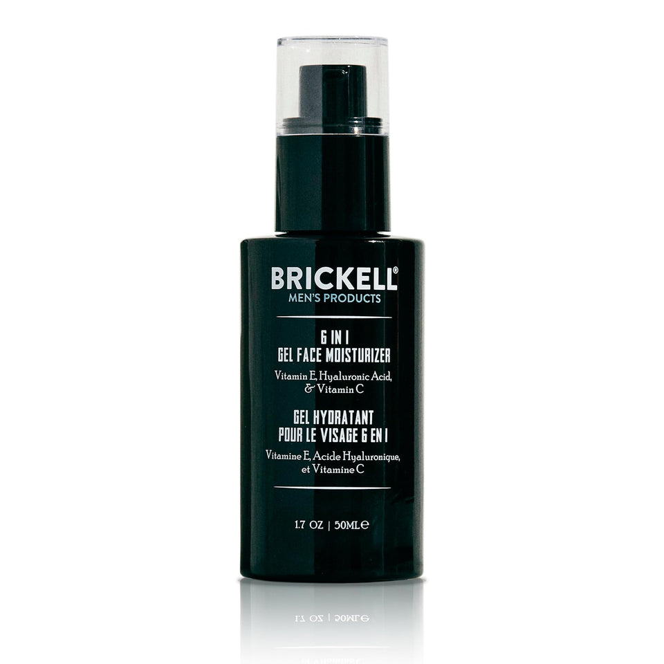Brickell Men’s gel moisturizer front packaging showing compact tube and benefits