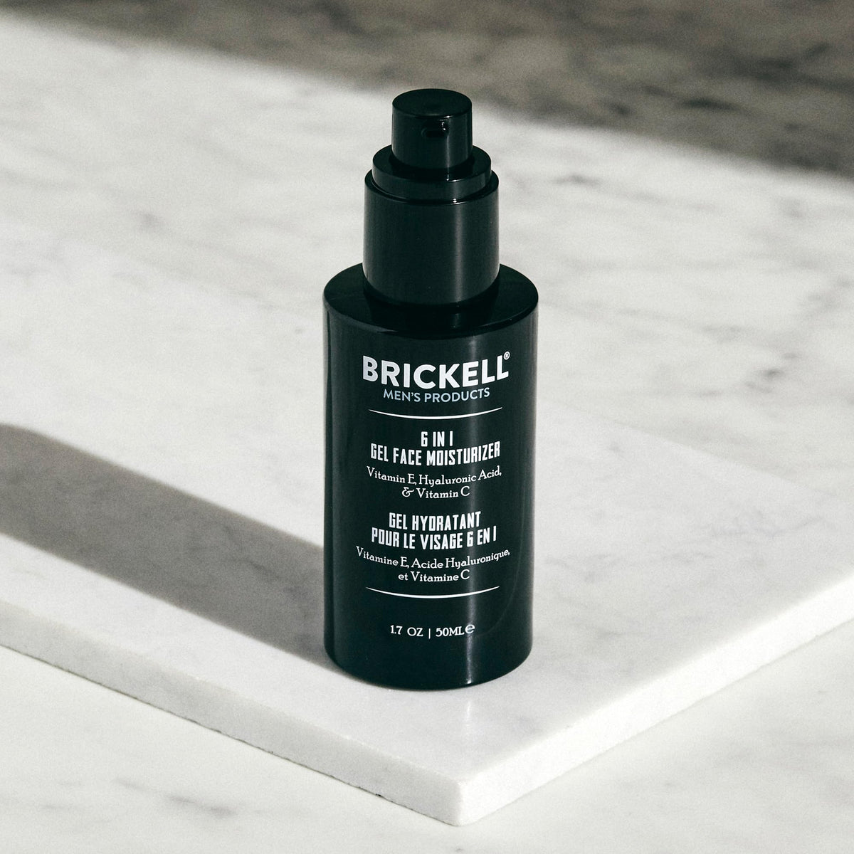 Brickell Men’s label close-up listing hyaluronic acid, peptides, vitamin C