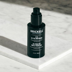 Brickell Men’s label close-up listing hyaluronic acid, peptides, vitamin C