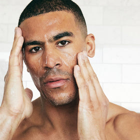 Brickell Men’s gel in bathroom setting demonstrating daily use convenience