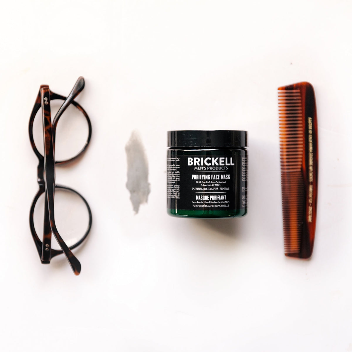 Brickell mask on bathroom shelf in lifestyle setting, daily routine benefit